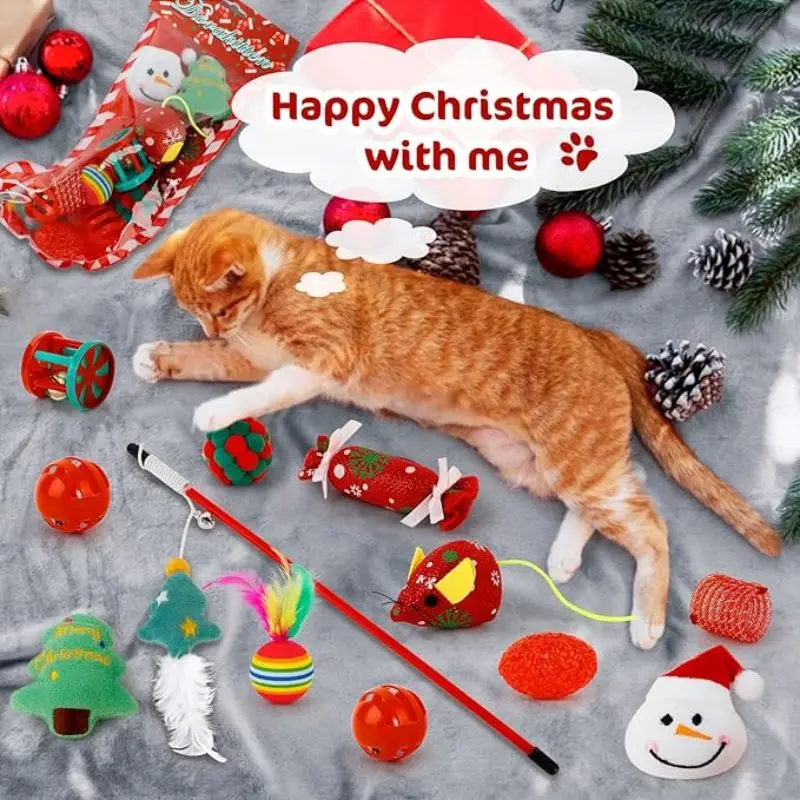 2024 Christmas Countdown Cat Toys Advent Calendar Christmas Pet Cat Gift Blind Box Toy Set Cat Christmas Gift with Rat、Balls