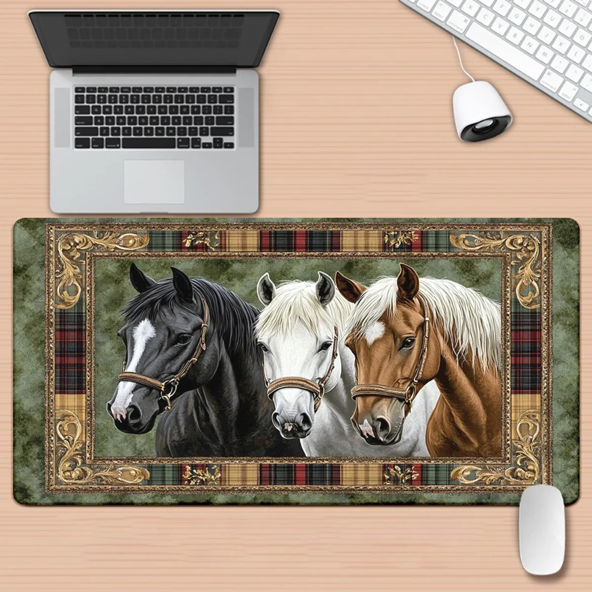 

Horse Portrait Desk Mat Three Color Equine Friends Golden Frame Extended Mouse Pad Non-Slip Rubber