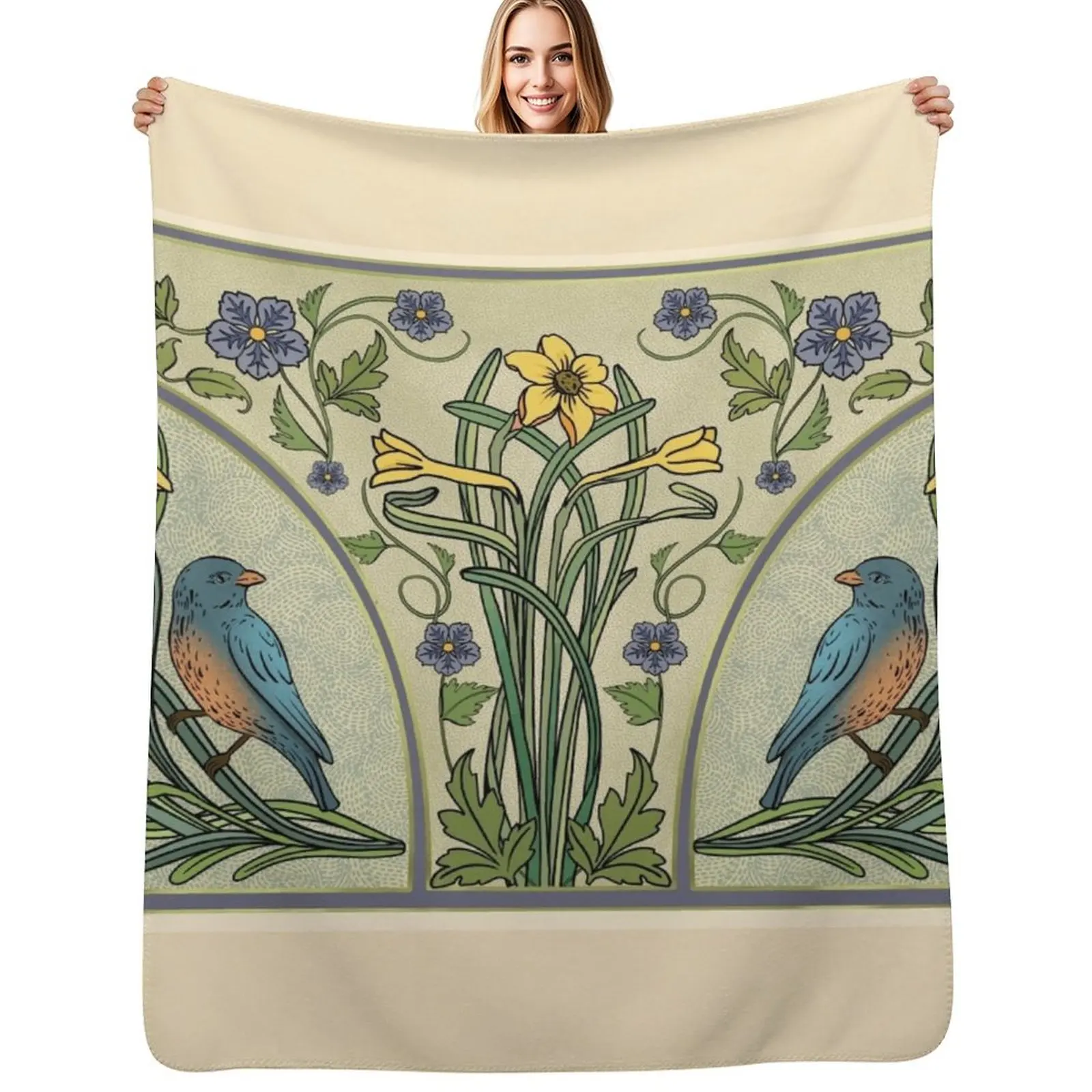 Bluebirds And Spring Blossoms Inspired By Art Nouveau Throw Blanket Flannels Luxury Comforter Picnic Bed Blankets