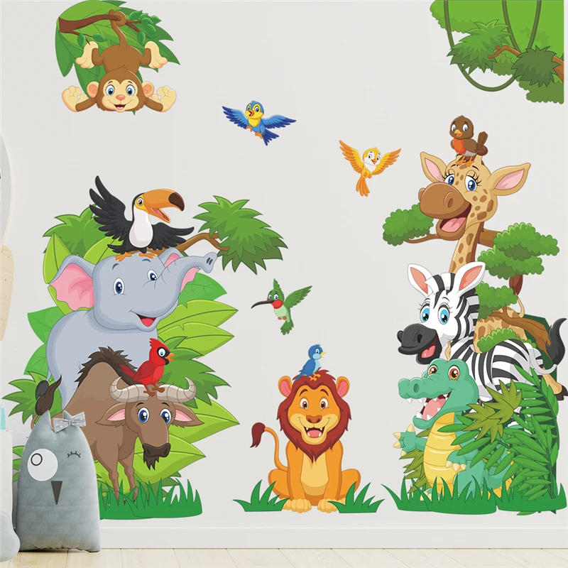 Lovely Animals Birds Jungle Party Wall Stickers For Kids Bedroom Decoration Diy Cartoon Safari Mural Art Home Decals Pvc Posters