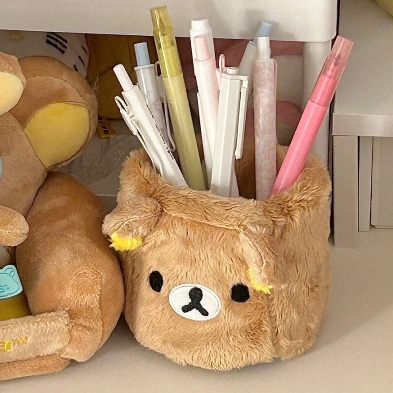 Rilakkuma-portalápices de felpa, contenedor de bolígrafos para cosméticos, accesorios de escritorio Kawaii, organizador de oficina, caja de almacenamiento de papelería para niños, regalo