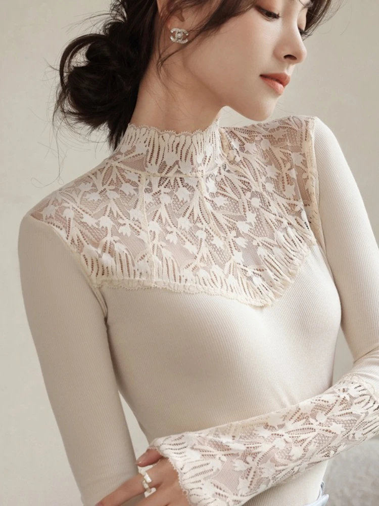 الجوف خارج محبوك البلوزات البلوفرات النساء ربيع الخريف الدانتيل البلوزات قمصان عادية كم طويل المرقعة الياقة المدورة سليم القمم