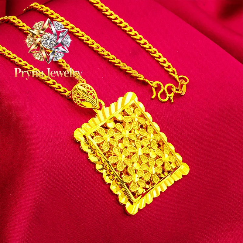 

Pryna Jewelry Flower Square Pendant for Women, 24K Gold, AU999 | Matte gold peony square with enamel, classic Chinese charm fo