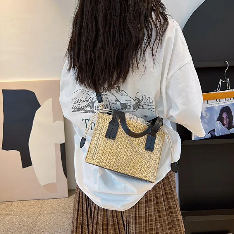 Fashion Natural Straw Woven Tote Bag with Drawstring Detachable Strap, Beige Crossbody Bag Purse for Casual Summer Use Handbag - view 2