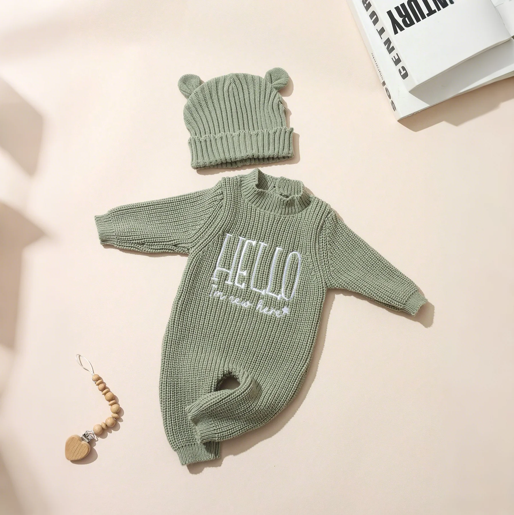 Ylsteed "مرحبا" التطريز الحياكة الوليد إعلان الولادة وتتسابق الطفل آذان الدب التصوير بذلة الرضع صور الدعائم #3