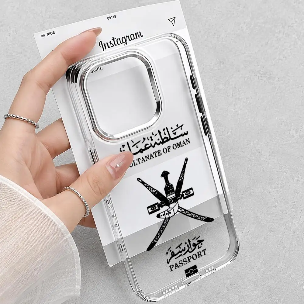 Coque de téléphone antichoc HD transparente avec emblème et drapeau d'Oman pour iPhone 17 Pro, 16, 15, 14, 13, 12 Pro Max, Plus, 16e Air