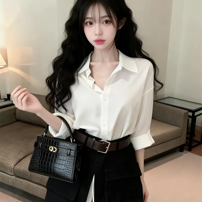 

Summer 2026 White Shirt Waist Belt Set Women's Fashion Design Layered Wear Skirt Ensemble Elegant Lady Style Long Sleeve