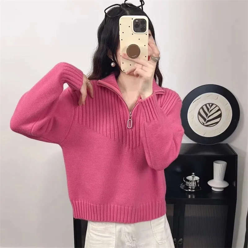 

Осень-зима, вязаный джемпер с полумолнией и лацканами, женский короткий свободный повседневный универсальный пуловер, свитер, темпераментный женский