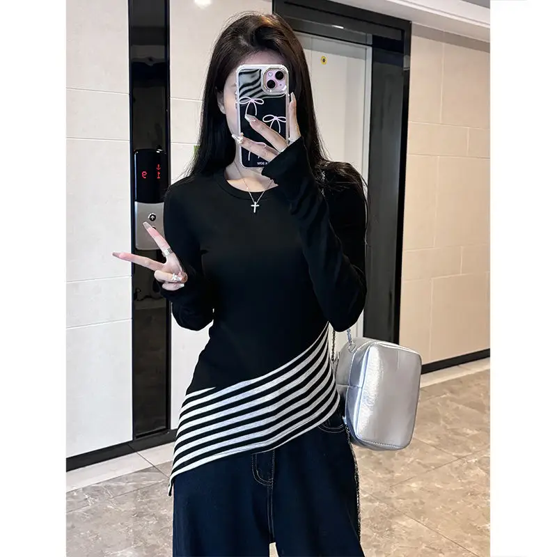

Temperament Striped Patchwork Asymmetrical Tops Spring Autumn Long Sleeve All-match Fashion T Shirts Casual Trend Women Clothing