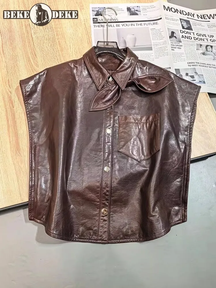 Designer Women Office Bow  Genuine Leather Vest Loose Sheepskin Single Breasted Solid Color Ladies Handmade Sleeveless Outerwear