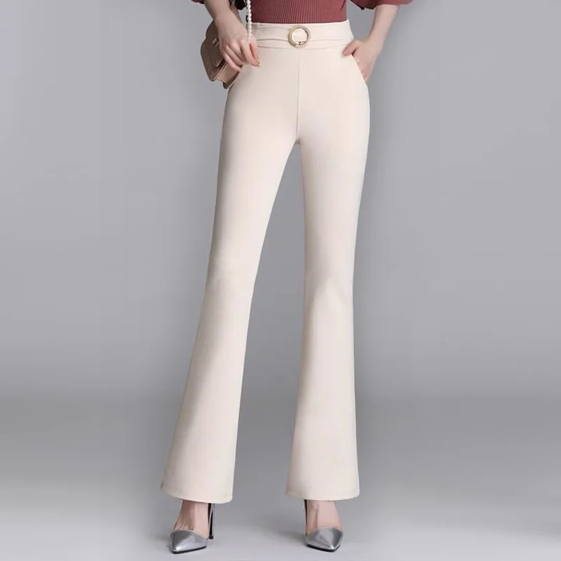 Fashion Office Lady High Waist Flare Women\'s Pants 2023 Spring New Commuter Solid Color Pockets Casual Elastic Sashes Trousers