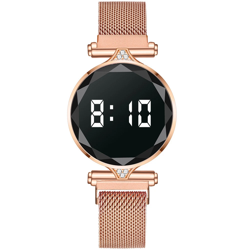 Relojes magnéticos digitales de lujo para mujer, reloj de pulsera de cuarzo LED de acero inoxidable de oro rosa, femenino