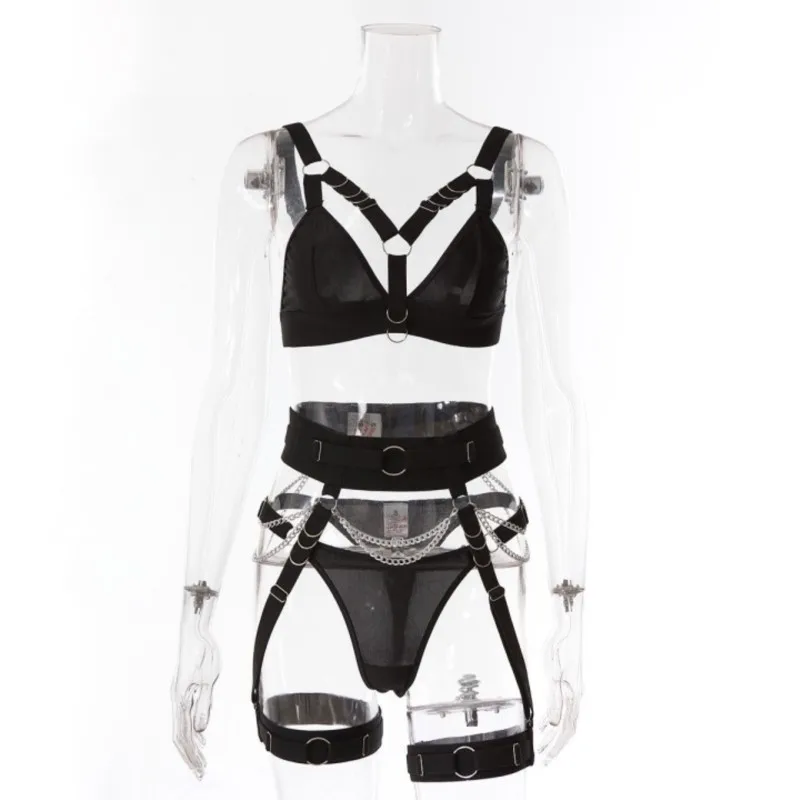 Gothic Chain Lingerie Set Women Nightclub Push-up Bra with Garter Belt Adjustable Straps Sexy BDSM Style for Big Bust