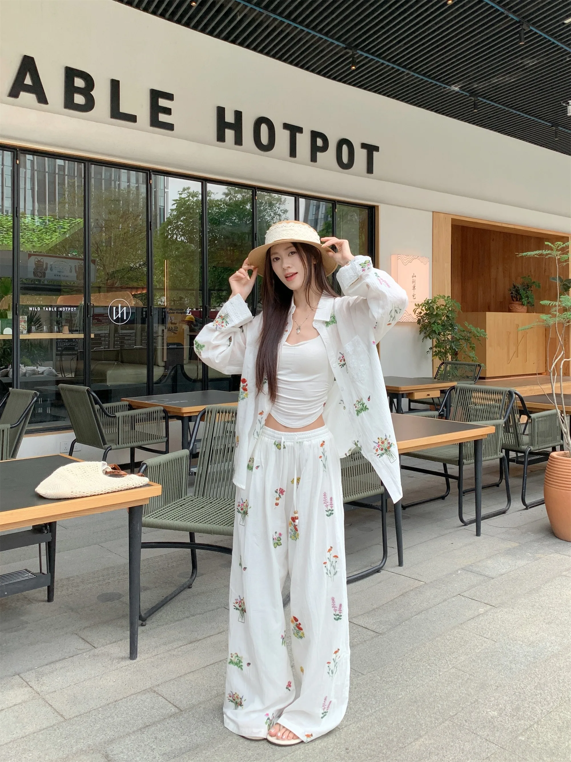 

Повседневные длинные широкие брюки све с вышивкой, комплект из двух предметов, тяжелая работа, летняя модная женская одежда PPHOME Old Money Sle