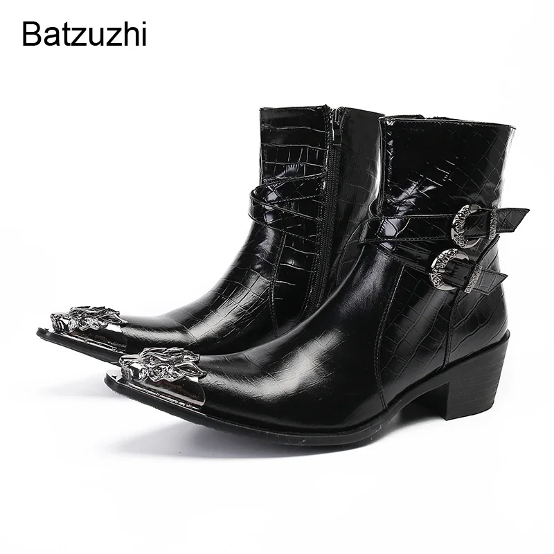 

Batzuzhi Rock Western Cowboy Men Boots Pointed Metal Tip Black Leather Short Boots Men Punk Motorcycle/Knight Boots for Men!