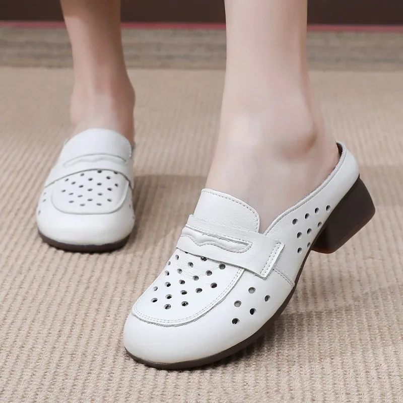 

Shoes Woman 2025 Cover Toe Fretwork Heels Low Rubber Slippers Genuine Leather Rome Slides PU TPR Square heel Fabric Hoof
