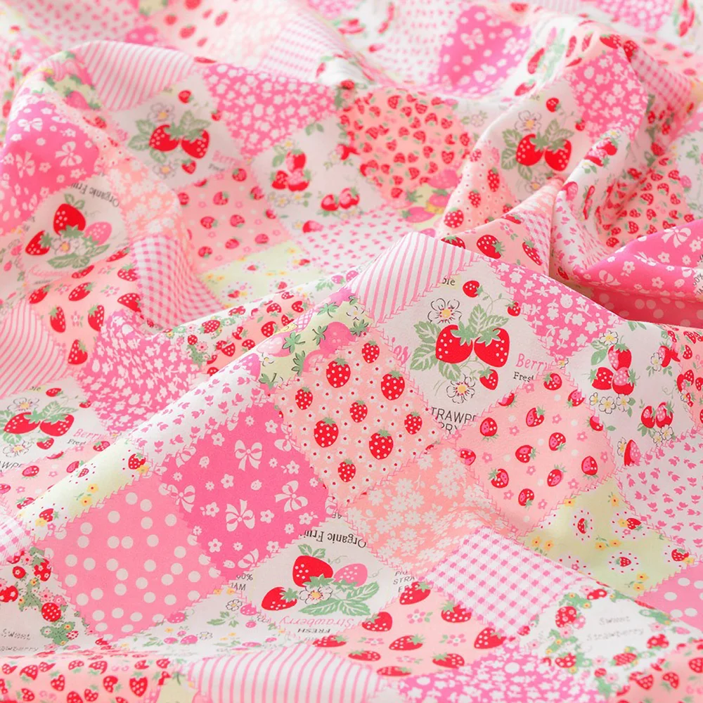 145cm Wide Strawberry Flowers Puzzle Cotton Fabric Patchwork Sewing Quilting Needlework Cloth Sewing Summer Dress Bedding Sheet