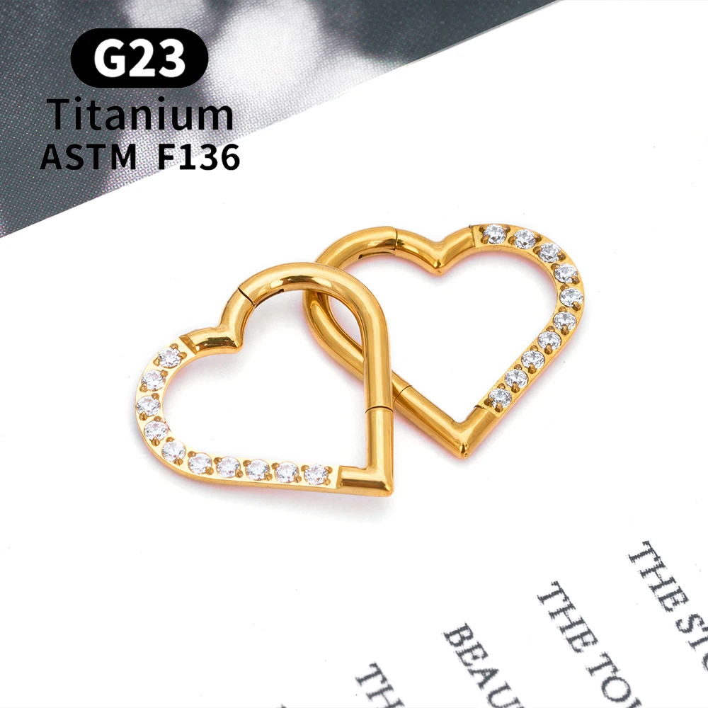 ASTM F136 G23 Titanium Septum Nose Ring Hoop Daith Heart Earring 16G CZ Hinged Segment Tragus Cartilage Helix Piercing Jewelry
