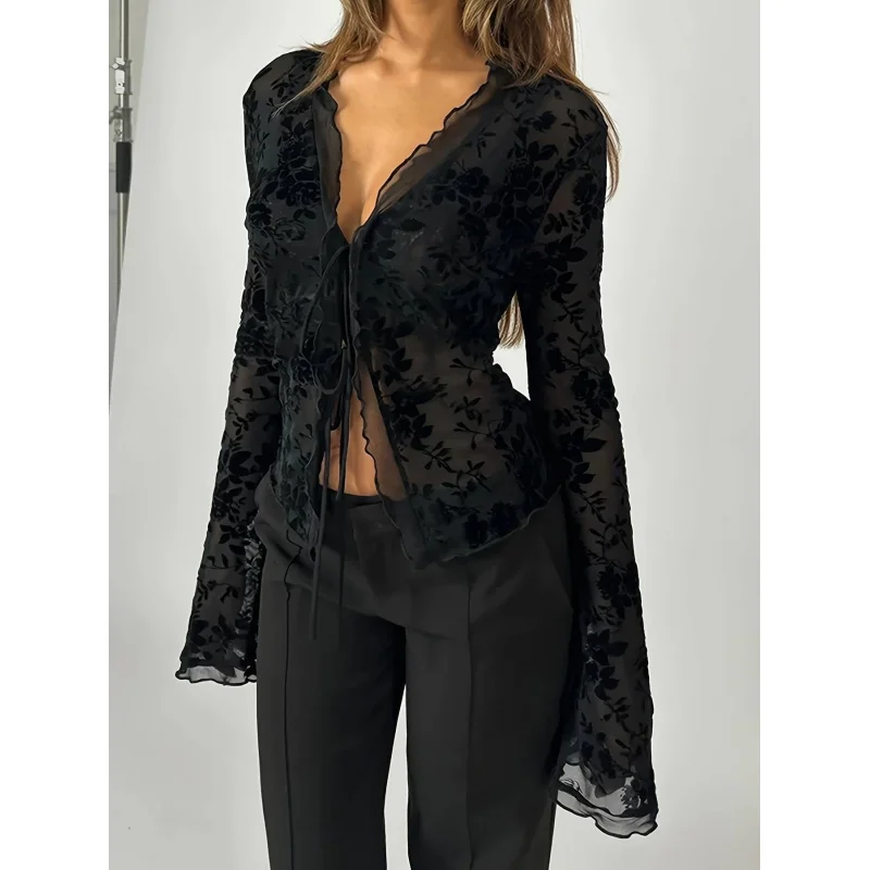 

Women'S Spring Summer Temperament Elegant Floral Mesh Lace Ruffled Flared Sleeve Blouse