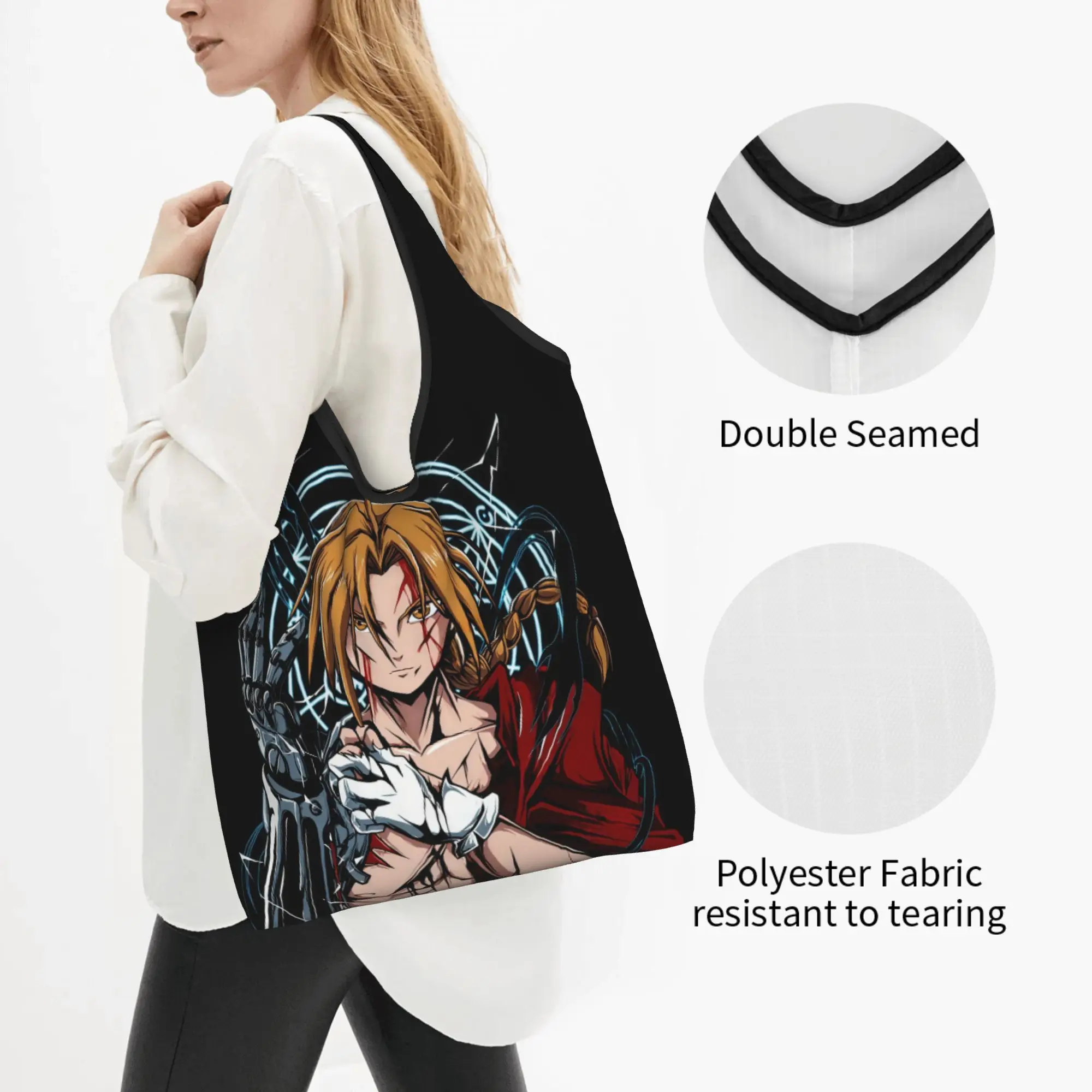 Fullmetal Alchemist Japane Manga  Groceries Shopping Bags Kawaii Shopper Tote Shoulder Bags Large Capacity Anime  Handbag