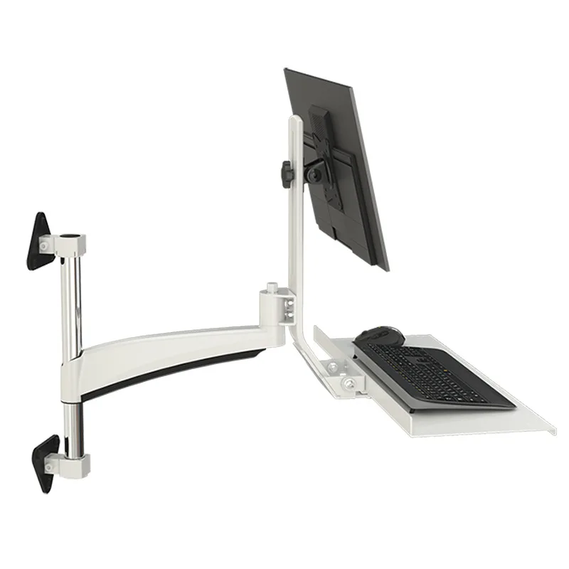 Full Motion Wall-Mount Monitor Mount with Keyboard Tray Sit-Stand Workstation Machine Tool Equipment Aluminum Surface Ready Use