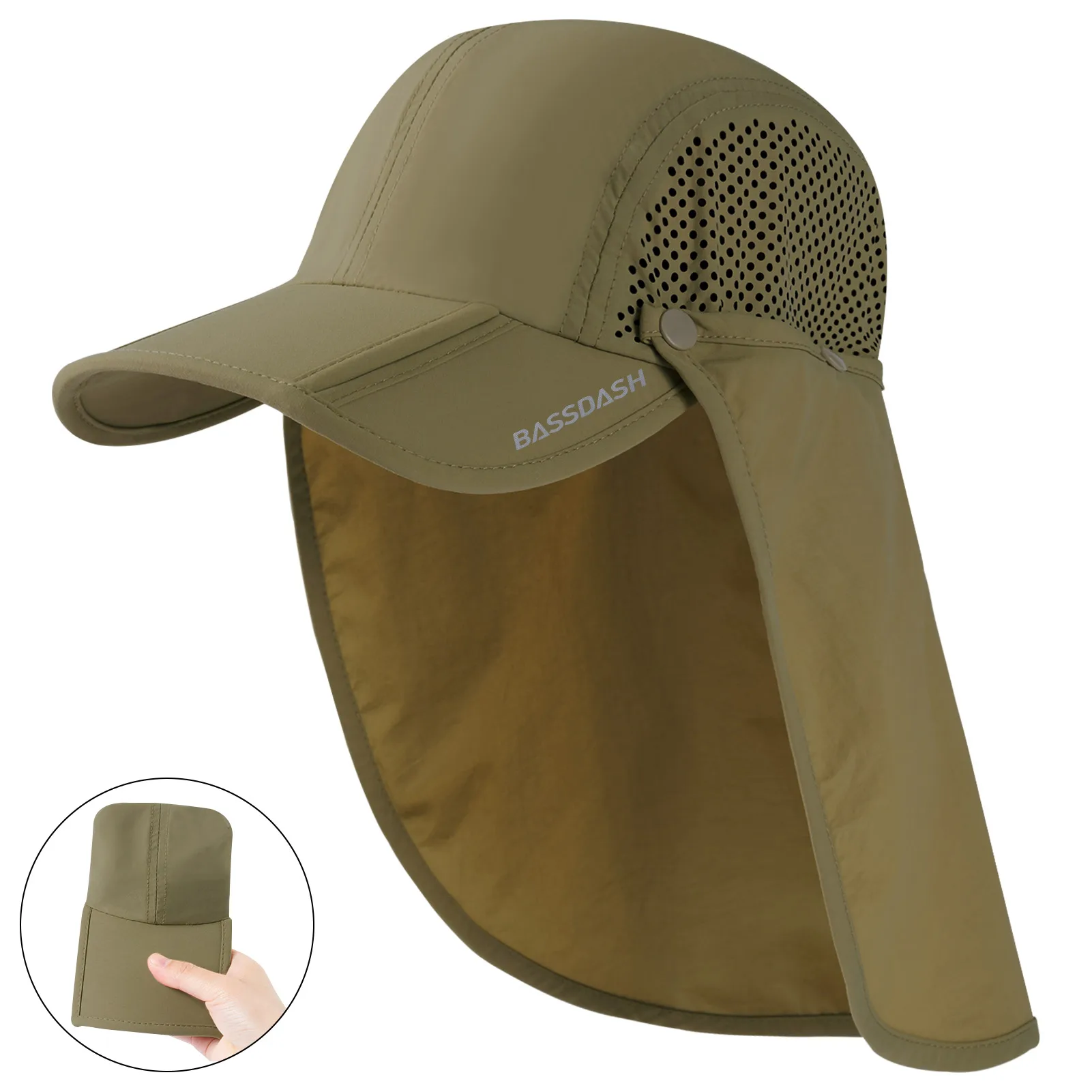 BASSDASH UPF 50+ Foldable Fishing Hat Baseball Cap with Removable Neck Flap Portable for Men Women Golf Hiking