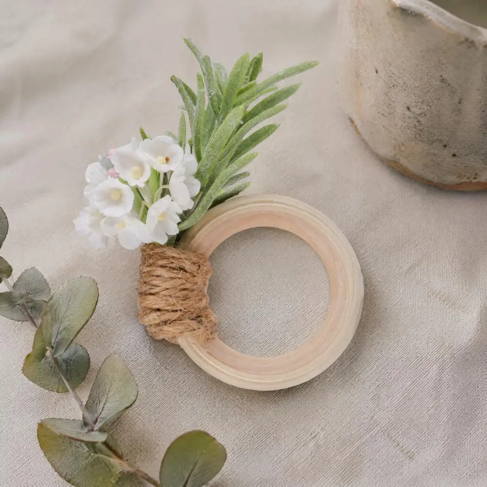 Bridal Shower Table Decor Artificial Rosemary Napkin Rings Farmhouse Wooden Napkin Holders Rustic Faux Flower Rings for Wedding
