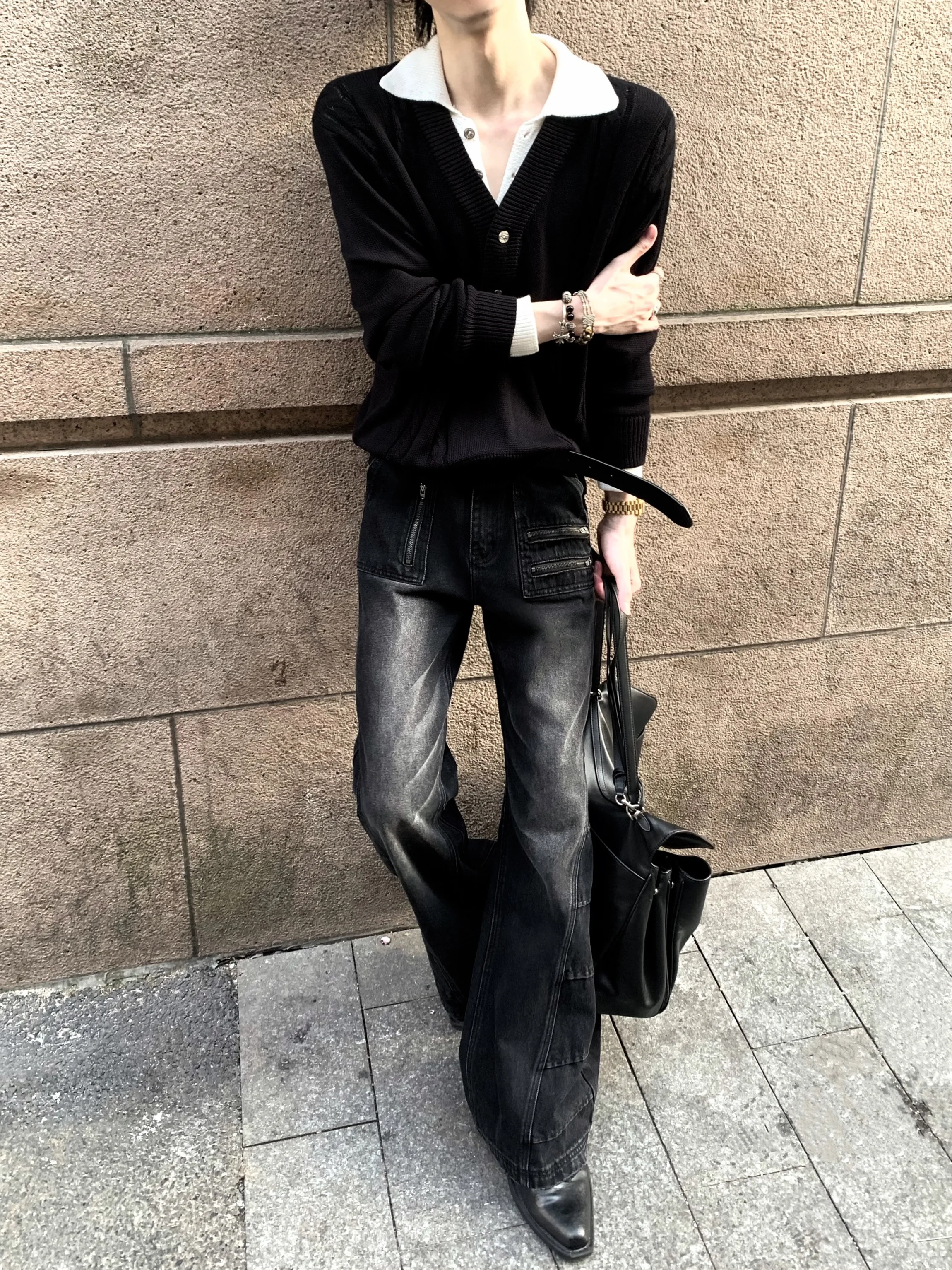 Washed Black Punk Style Men's Jeans High Waist Zipper Decorated Pleated Dark Washed out Distressed Straight Leg Trousers