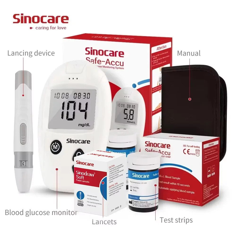Sinocare Safe-Accu Blood Glucose Meter Blood Sugar Meter Glucometer Kit or Test Strips Needles Lancets Medical Diabetes