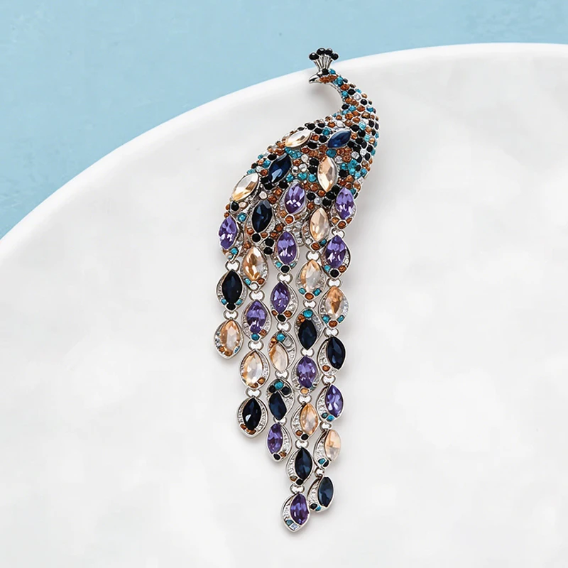 Wuli&baby Luxury Crystal Tassel Peacock Women Winter Brooch Pin Jewelry For Coat and Dress