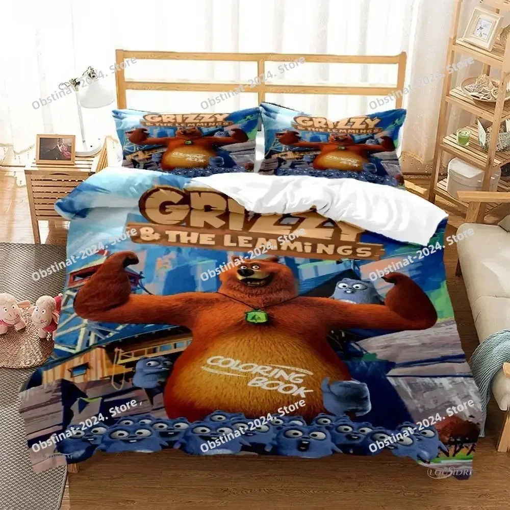 Grizzly & The Lemmings Cartoon Anime Bedding Set Print With Pillowcase Bed Duvet Cover Soft Single Double Queen Super King Size