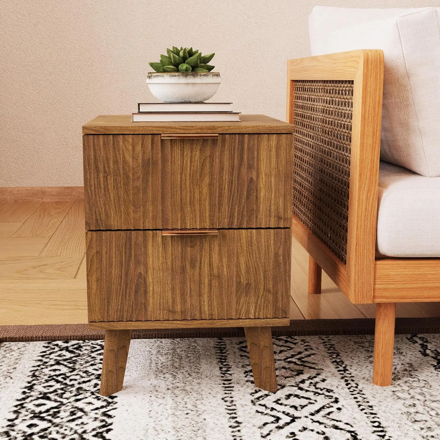 

for Bedroom, Small Dresser Night Stand Side Table End Table with Wood Fluted Drawer Storage for Bedroom Closet(Walnut)