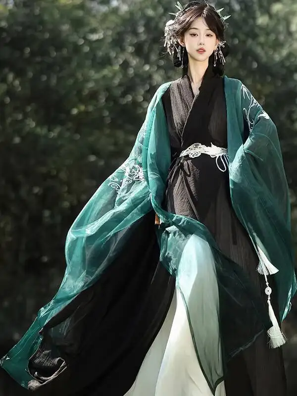 New Improve Wei And Jin Dynasties Hanfu Women Embroidery Large-sleeved Robe Cross-collar Straight-hemmed Robe Cosplay
