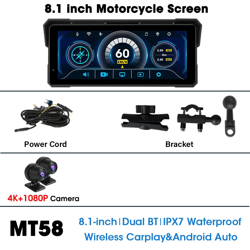 Jansite 8,1 inch motorfiets Carplay 4K + 1080P dubbele lens IPX7 waterdicht draadloos CarPlay en Android Auto Moto GPS-navigatie