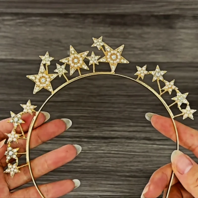 Women Star Hair Hoop Metal Wedding Halo Crown Baroque Princess Crystal Hairbands Party Birthday Heart Hair Accessories Valentine