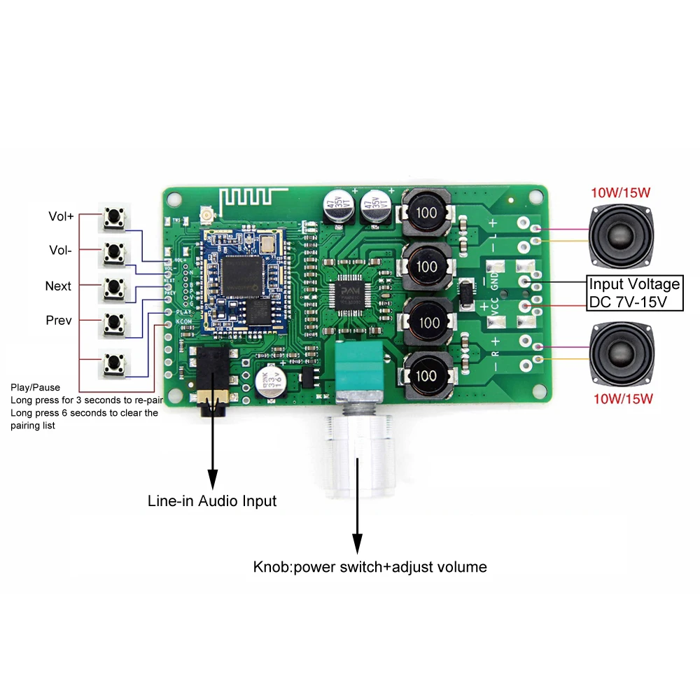 Power Amplifier Board Wireless Bluetooth-Compatible 5.0 Audio Receiver 10/15W*2 Stereo Amplifier Module Reverse Connect Protect