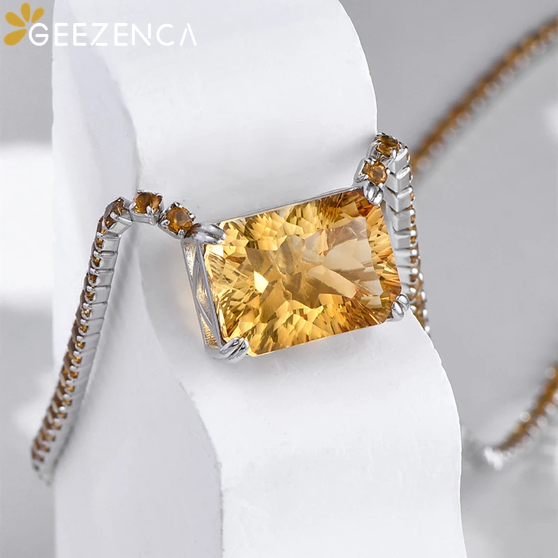 GEEZENCA Luxury Natural Citrine S925 Silver Box Chain Pendant Necklace Women Yellow Stone Gemeotric Chokers Necklaces 2023 New