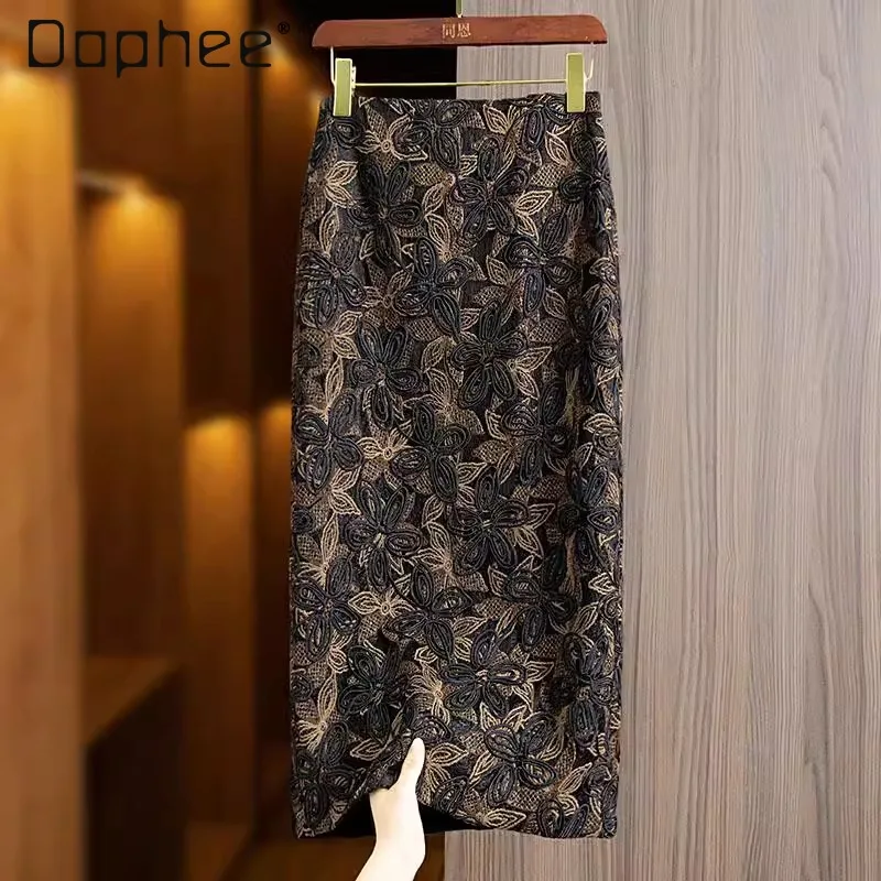 

Винтажная кружевная юбка-миди с цветочной вышивкой, женская французская элегантная темпераментная юбка трапециевидной формы средней длины с разрезом, модные тонкие юбки