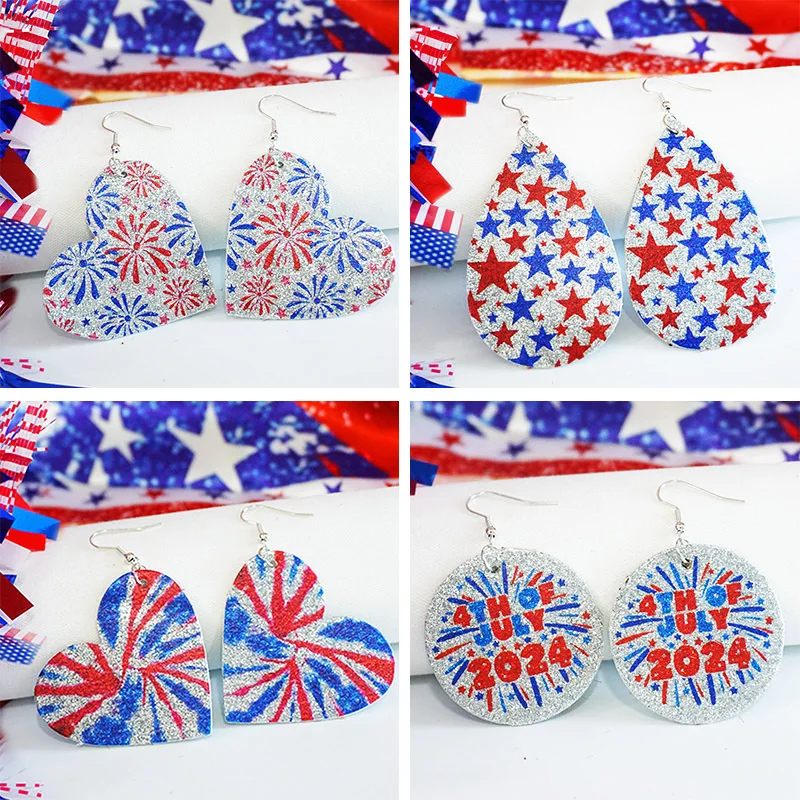 New Independence Day Shining Earrings Fireworks Celebrating Droplet Shaped Tie Dyed US Flag Color Patriotic Earrings Decoration