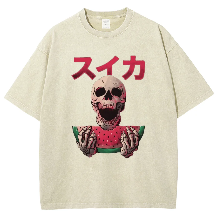 Washed top suitable for men women spring  summer American Russian fashion hip hop brand loose oversized skull pattern T-shirt