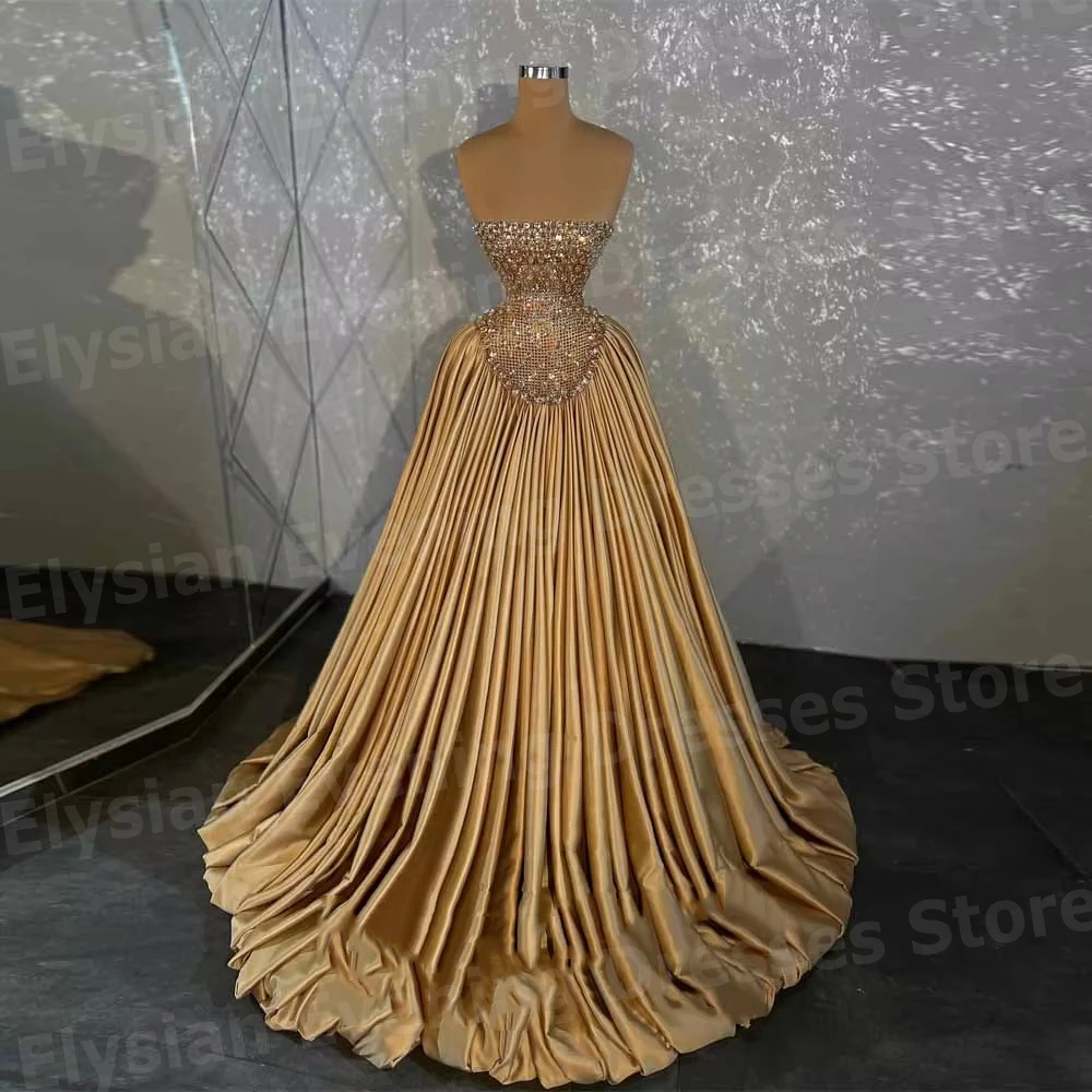 Luxuriöse trägerlose, ärmellose Abendkleider für Damen in A-Linie, maßgeschneiderte Robe De Soirée-Abschlussballkleider mit Perlenbesatz, Vestidos Para Mujer