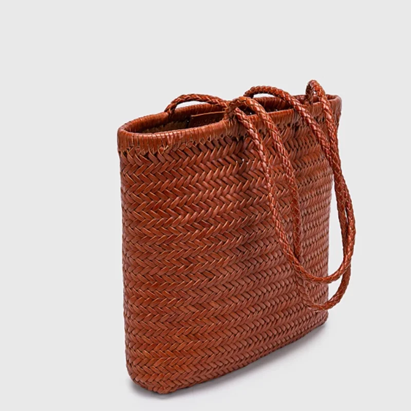 Vintage shopping home shoulder bag handwoven for women, Japanese cow skin bag French beach bag