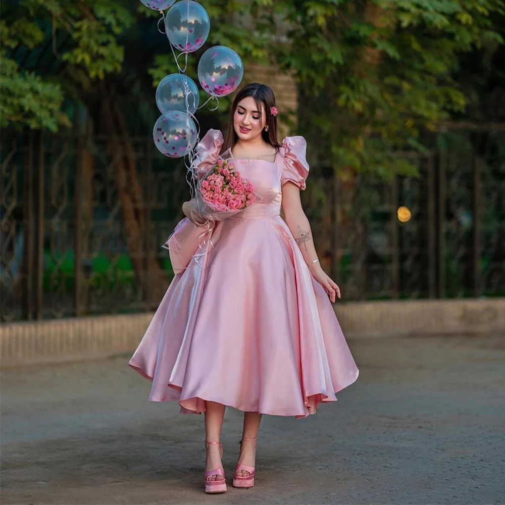 Classy Pink A Line Prom Dress Party Gowns Square Neck Dubai Satin Evening Dresses Tea Length Birthday Special Evens Gala Dresses