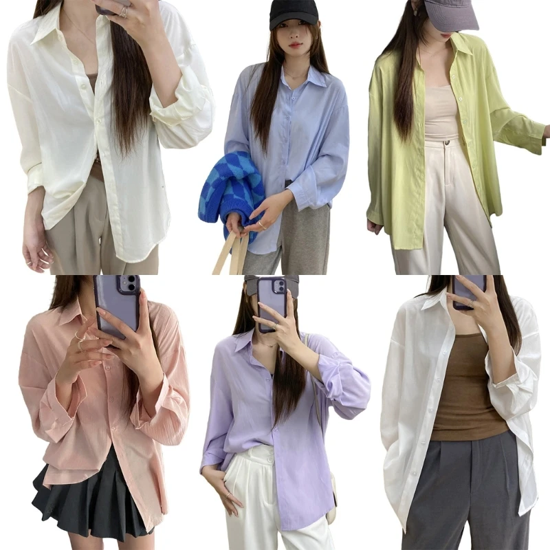 Womens Solid Color Collar Buttons Down Shirt Long Sleeve Oversized Blouses Top Casual Loose Tunics Top Outerwear 066C