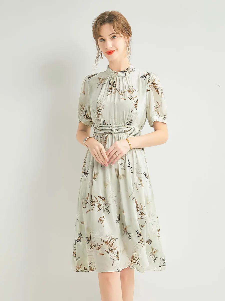 女性用の短い袖とシルクのドレス,ラウンドネックの女性用スーツ,100%,夏のファッション