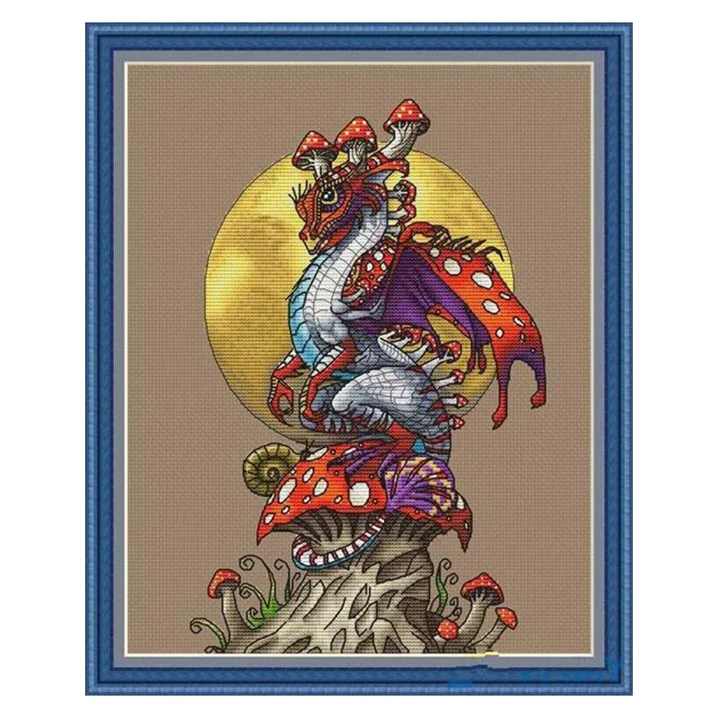 Amishop Gold Collection Beautiful Counted Cross Stitch Kit Mushroom Red Dragon And Moon Eastern God Monster