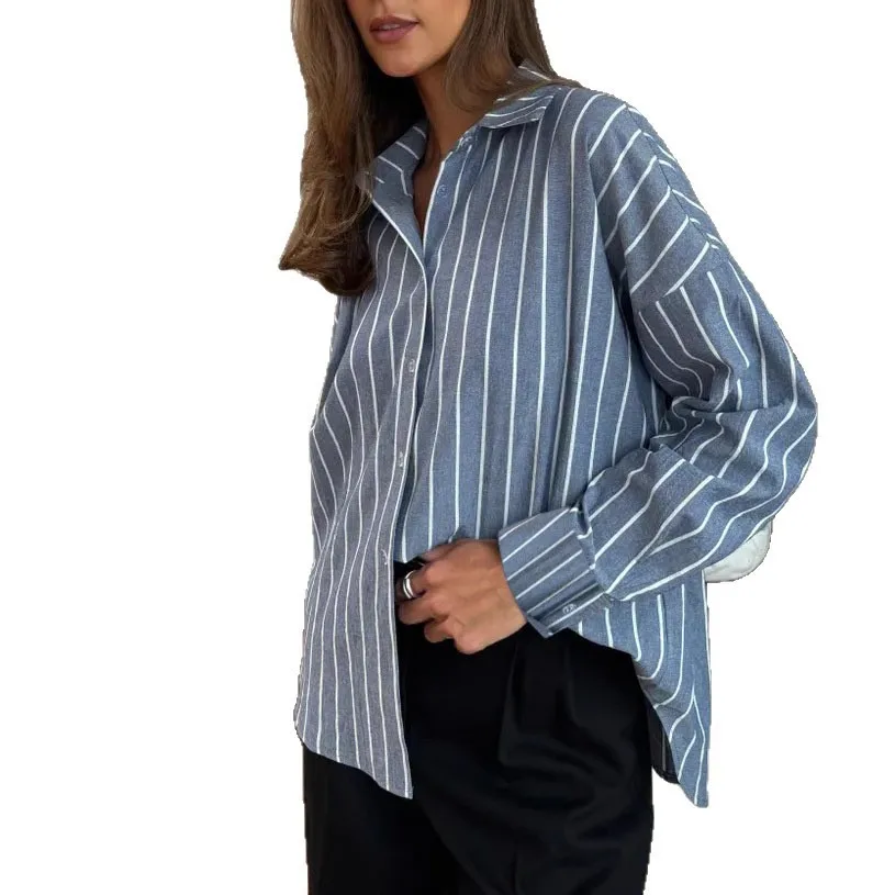 Nouveau 2025 Long pull Cardigan femmes rayé irt coupe ample Polyester Long col Sve boutonné Jaet