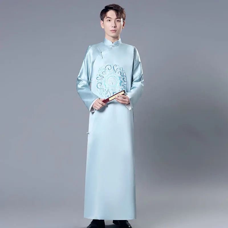 Abito formale da uomo migliore in stile cinese, colletto rialzato, abito lungo, costume antico ricamato, abito Tang maschile, ospite