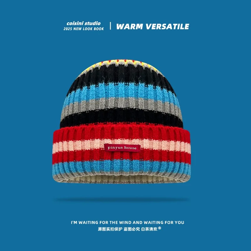 

Новая японская цветная полосатая вязаная шапка, осенне-зимняя мужская и женская теплая защита ушей, шапки-бини с черепом на большой голове