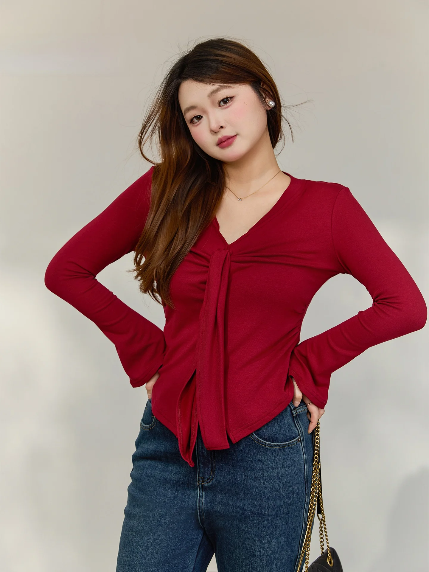 

plus Size Women's V-Ne Tie Waist T-irt Spring Faion Sexy Loose Fit Casual Sle Long Sve Romantic Social Series